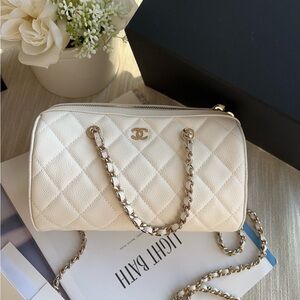 Chanel Beige Caviar Mini Bowling Bag White